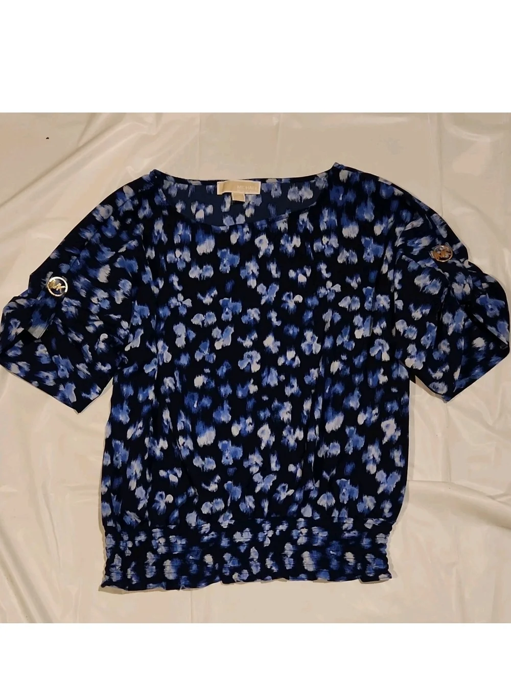 Michael Kors Navy with Light Blue Floral Short Sleeve Blouse